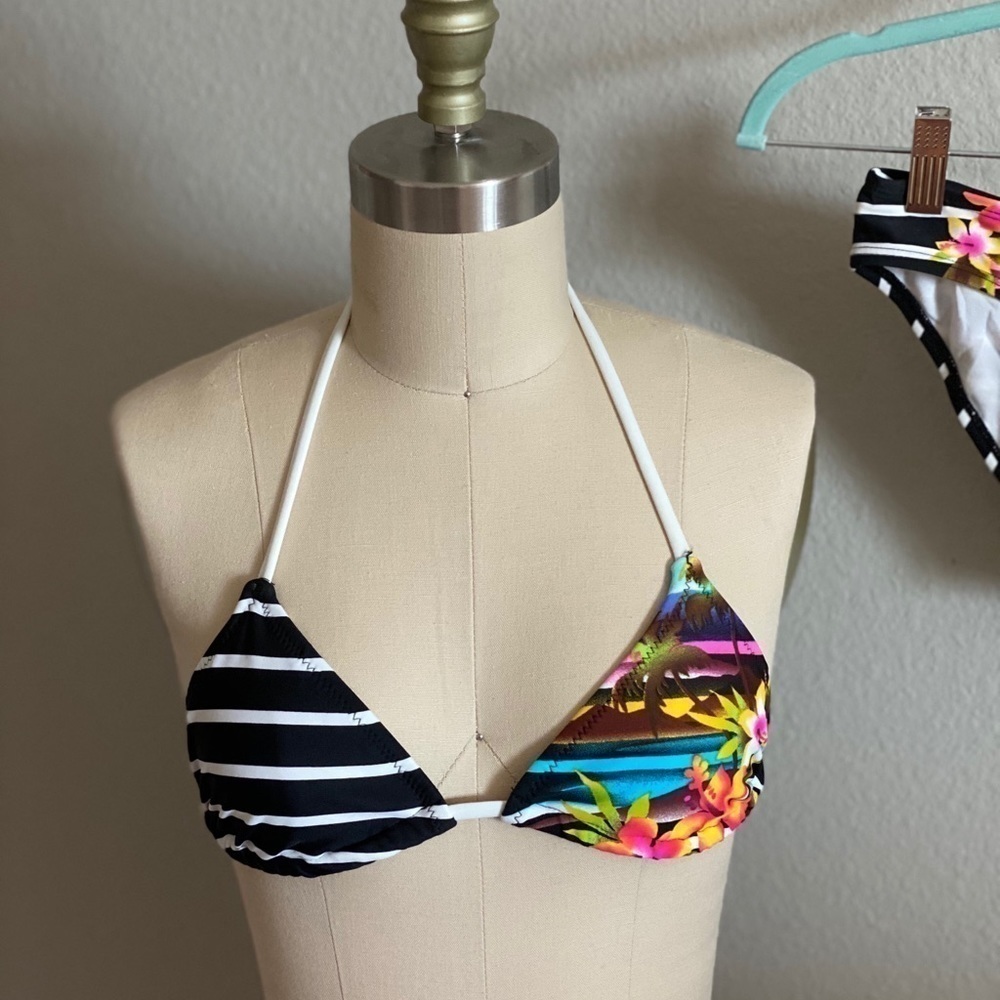 Raisin Black White Floral Stripe String Bikini - Picture 2 of 7